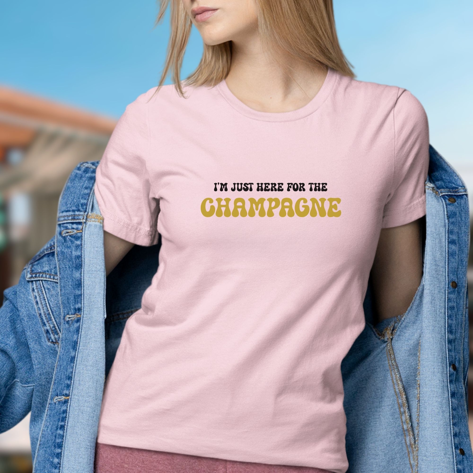 I'm just here for the champagne womens tee soft pink