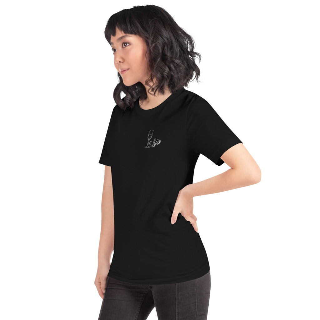 “I'm just here for the champagne” text on the back - statement t-shirt for true champagne lovers - Image 3