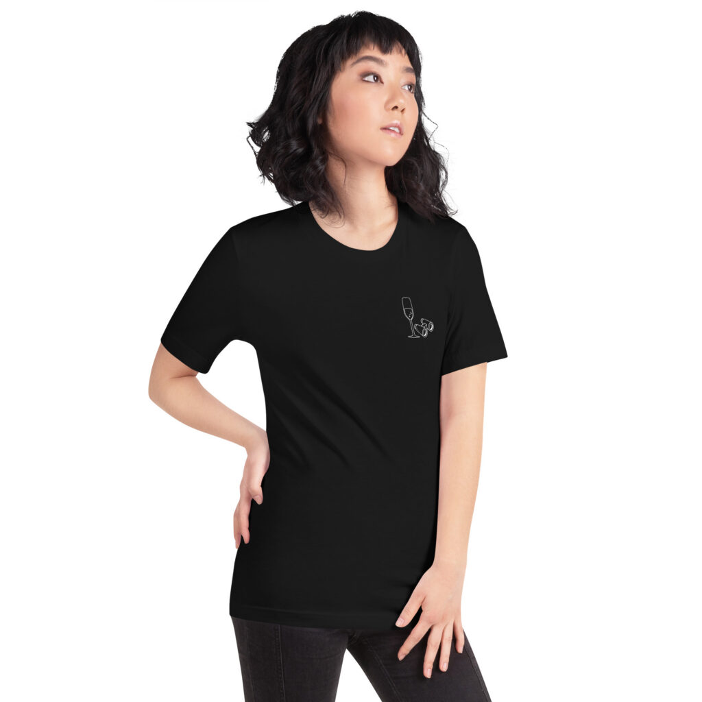 “I'm just here for the champagne” text on the back - statement t-shirt for true champagne lovers - Image 2