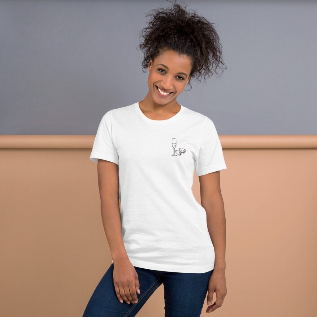 “I'm just here for the champagne” text on the back - statement t-shirt for true champagne lovers - Image 5