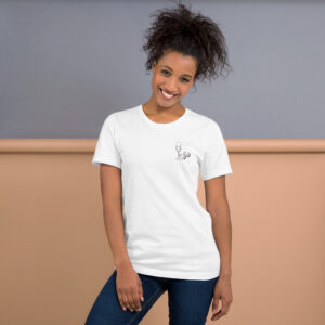“I'm just here for the champagne” text on the back - statement t-shirt for true champagne lovers - Image 5